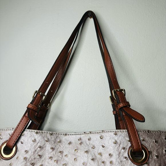 SCARLETON Rose Pink Synthetic Faux Ostritch Leather Brown Handles Zipper Bag - Picture 7 of 12